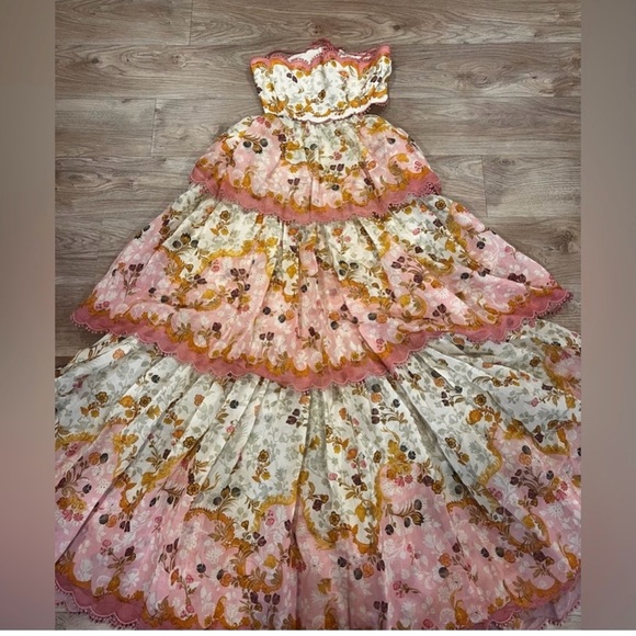 RARE Zimmermann Laurel Lace Up Floral Pink Frill Maxi Dress Size AU3/L - Picture 4 of 12